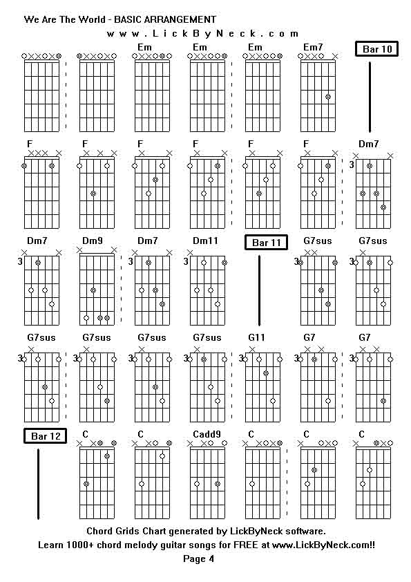 Chord Grids Chart of chord melody fingerstyle guitar song-We Are The World - BASIC ARRANGEMENT,generated by LickByNeck software.